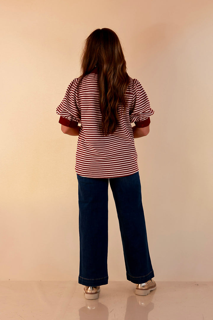 Confidently Yours Short Sleeve Contrast Trim Striped Top in Maroon and Cream