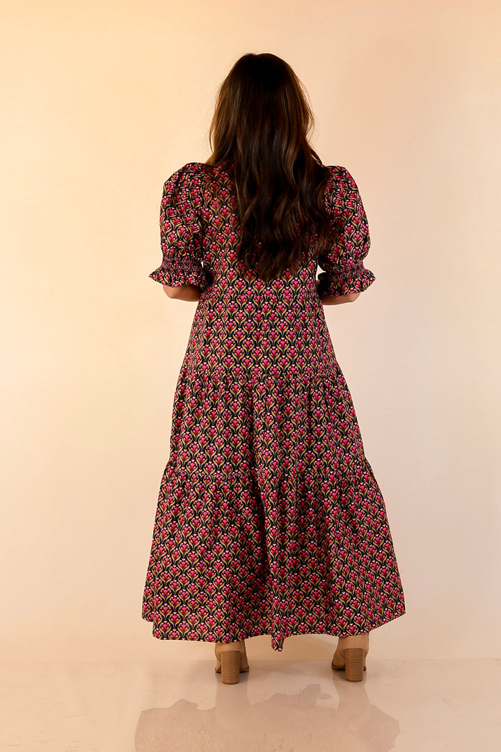 Vibrant Vision Floral Print Maxi Dress with Puff Sleeves and Contrast Trim in Black