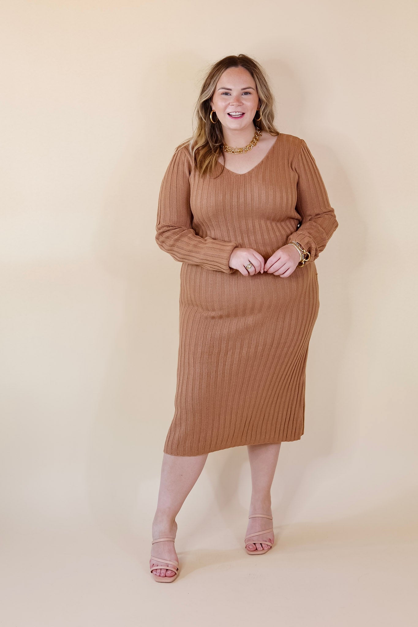 Pumpkin Spice Weather V Neck Midi Sweater Dress in Clay Nude - Giddy Up Glamour Boutique
