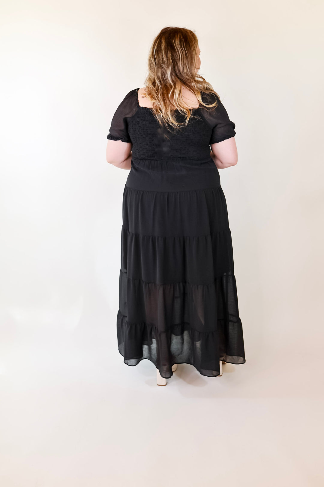 Honeysuckle Love Tiered Maxi Dress with Smocked Bodice in Black - Giddy Up Glamour Boutique