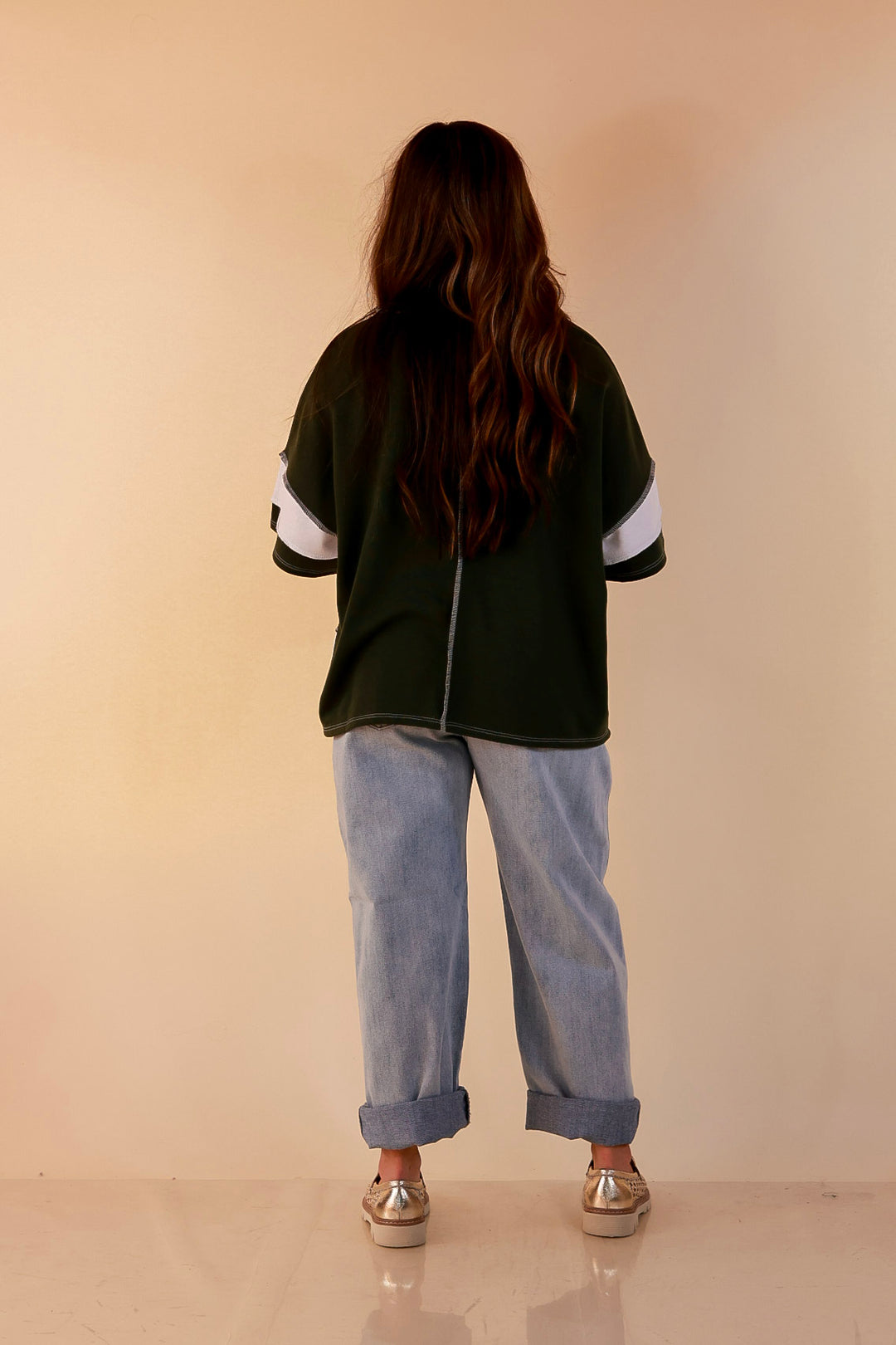 Simply Styled Color Block Rugby Style Relaxed Short Sleeve Top in Olive Green