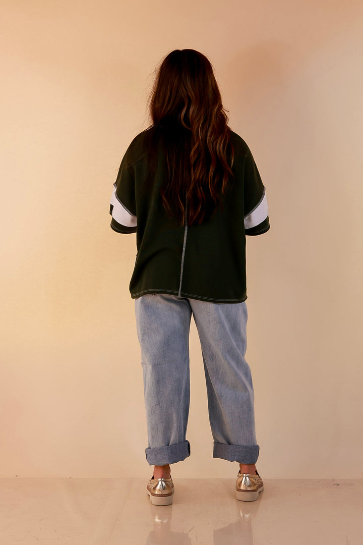 Simply Styled Color Block Rugby Style Relaxed Short Sleeve Top in Olive Green