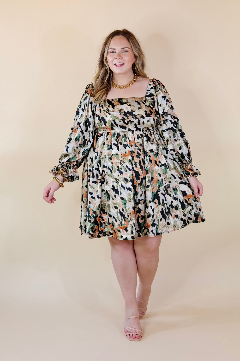 Feeling Fine Satin Watercolor Print Dress with 3/4 Sleeves in Olive Mix - Giddy Up Glamour Boutique