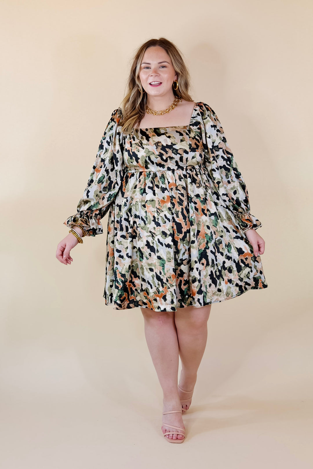 Feeling Fine Satin Watercolor Print Dress with 3/4 Sleeves in Olive Mix - Giddy Up Glamour Boutique