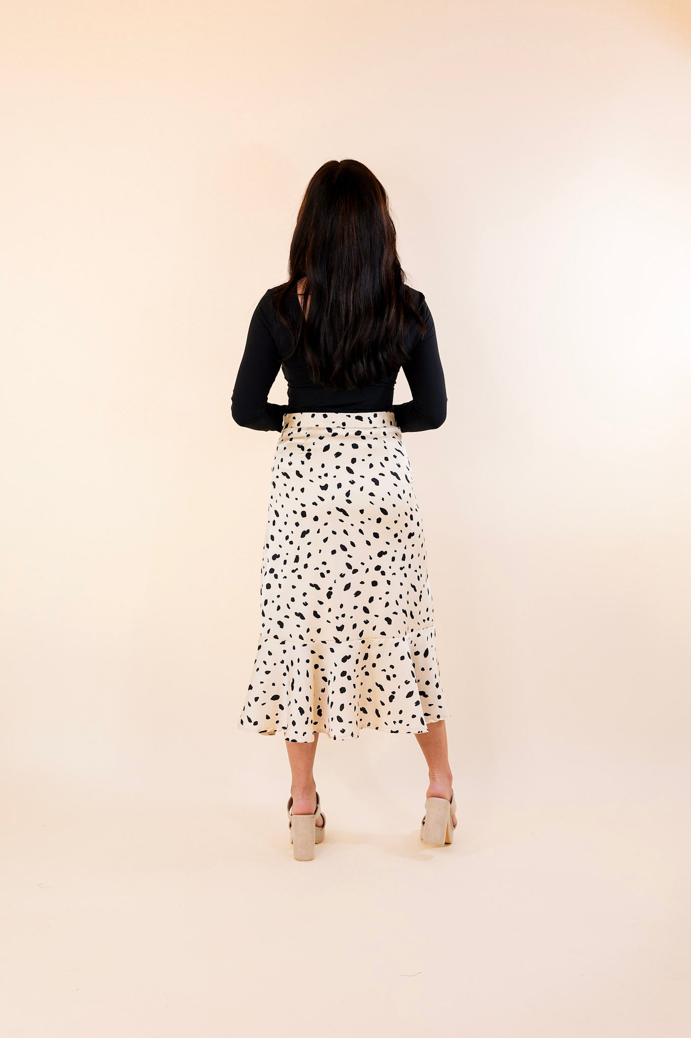 Lovely in L.A. Black Dotted Ruffle Wrap Midi Skirt in Beige