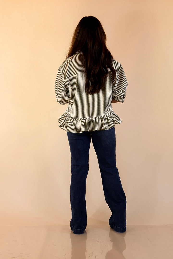 Style Agenda Striped Button Down Collared Top with Ruffle Peplum in Olive Green