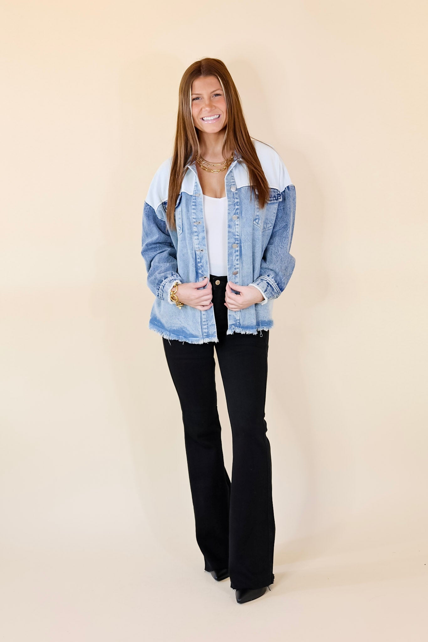 Style Mentor Color Block Button Up Jacket in Denim