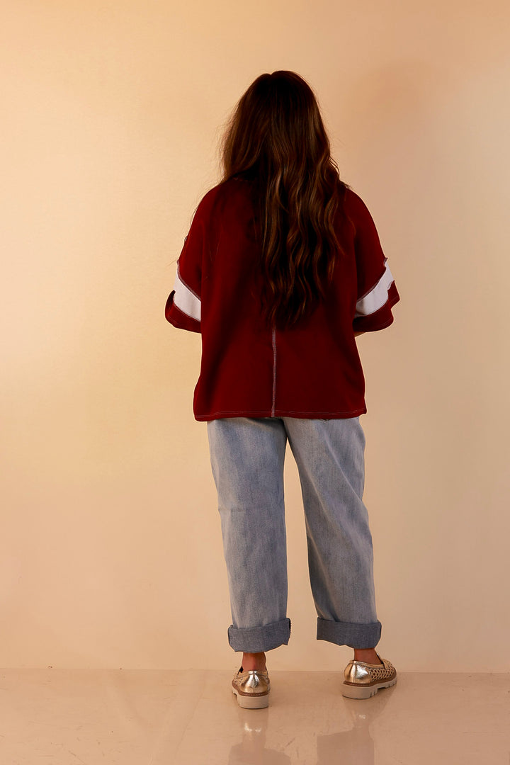 Simply Striking Color Block Rugby Style Wide Stripe Relaxed Short Sleeve Top in Maroon