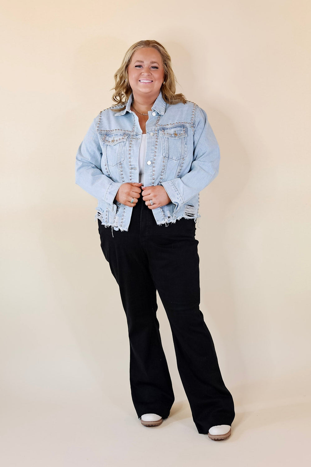 Instantly Impressed Cropped Denim Jacket with Silver Studs in Light Wash - Giddy Up Glamour Boutique