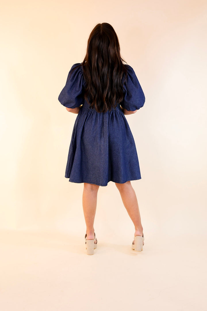 Southern Belle Short Puff Sleeve Denim Dress with Scalloped Square Neckline in Dark Wash