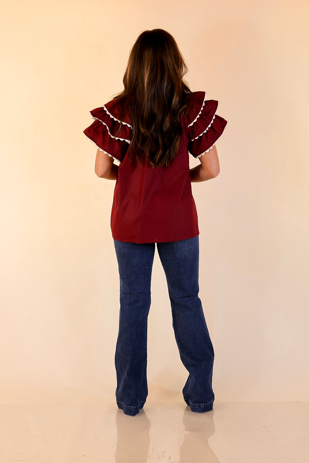 Graceful Details Embroidered Short Sleeve Top with Layered Flutter Sleeves in Maroon