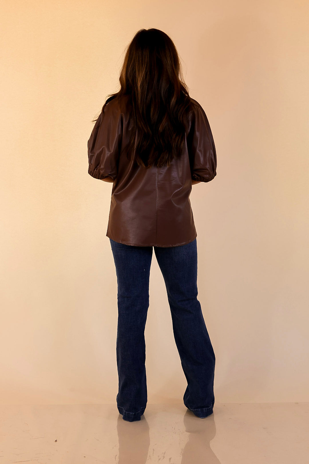 Effortlessly Cool Faux Leather Top with Short Balloon Sleeves in Chocolate Brown