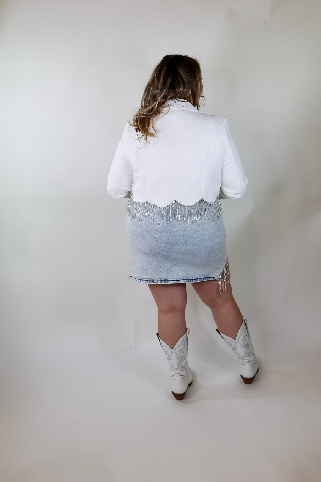 Time For Magic Cropped Blazer with Crystal Fringe Trim in White - Giddy Up Glamour Boutique