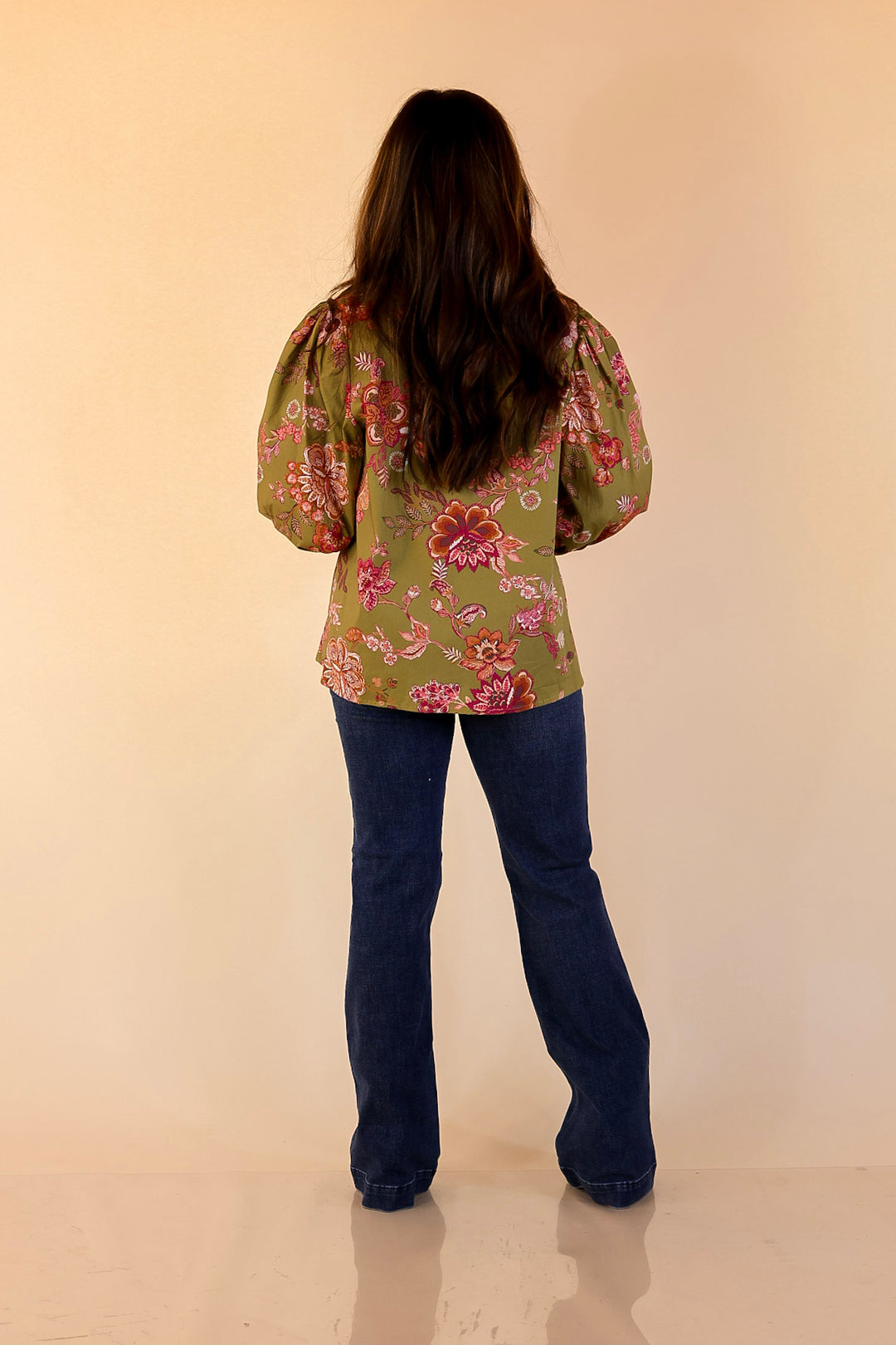 Autumn Allure Floral Long Sleeve Top with Contrast Trim in Olive Green