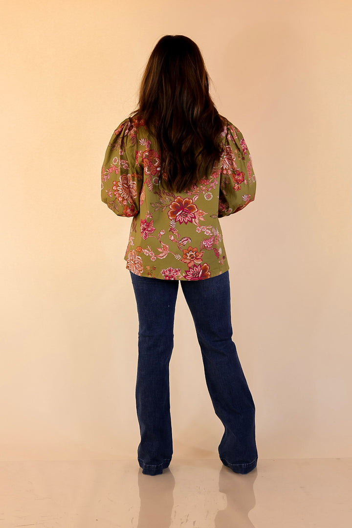 Autumn Allure Floral Long Sleeve Top with Contrast Trim in Olive Green