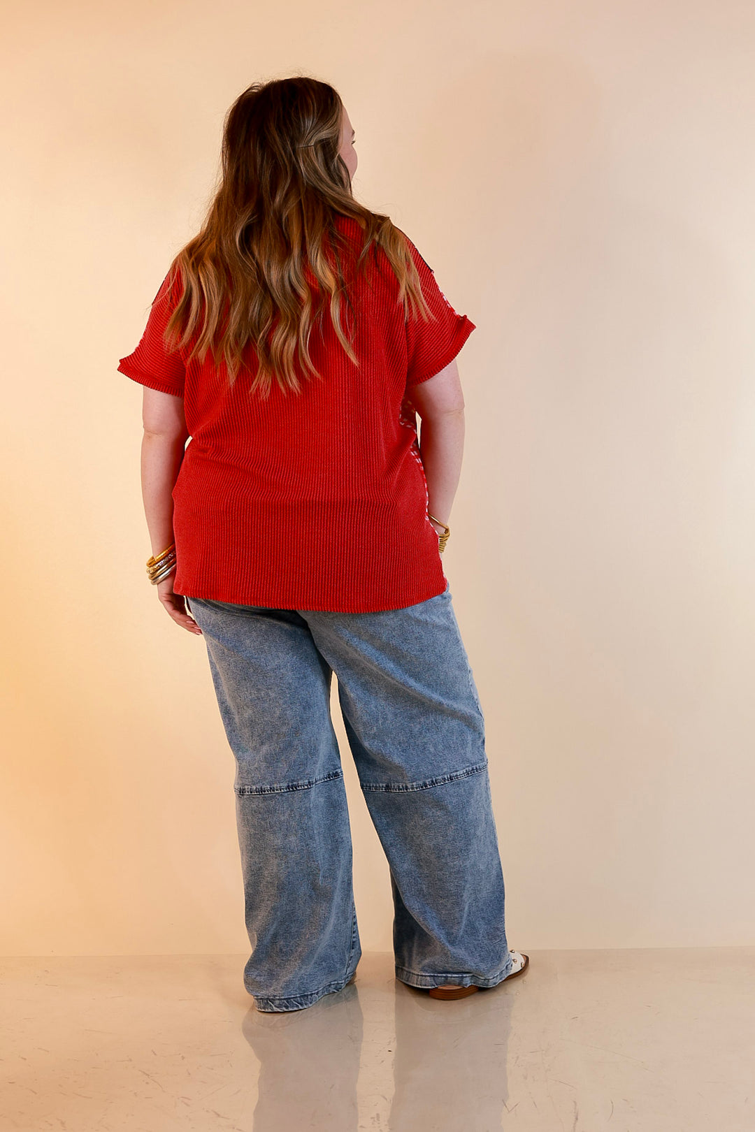 Make Your Mark Ribbed Scoop Neck Mixed Print Short Sleeve Top with Star and Gingham Detailing in Red