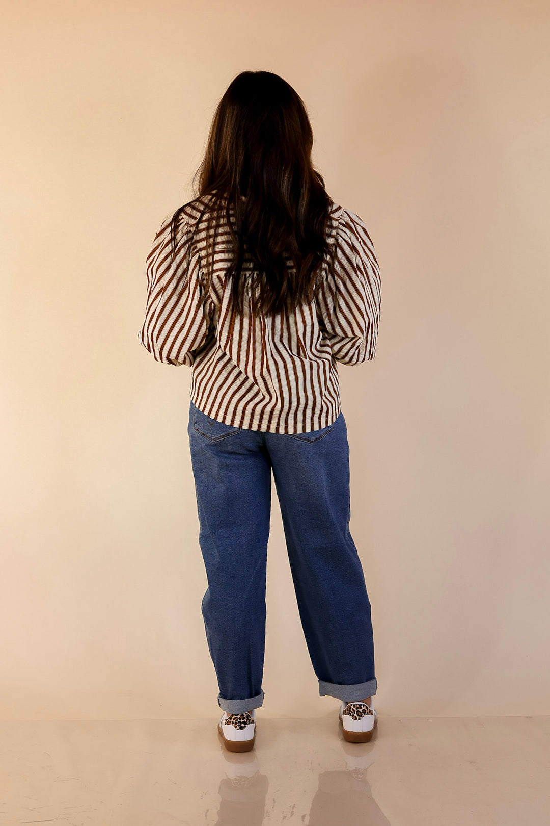 The Bold Type Striped Long Sleeve Button-Up Top in White with Chocolate Brown Stripes