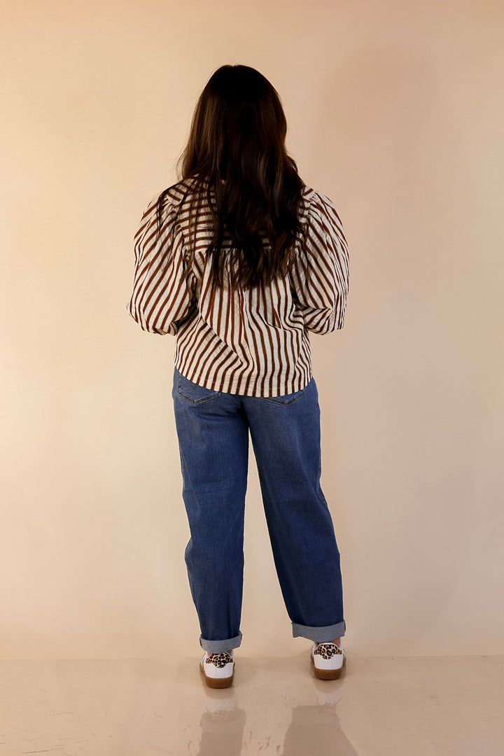 The Bold Type Striped Long Sleeve Button-Up Top in White with Chocolate Brown Stripes