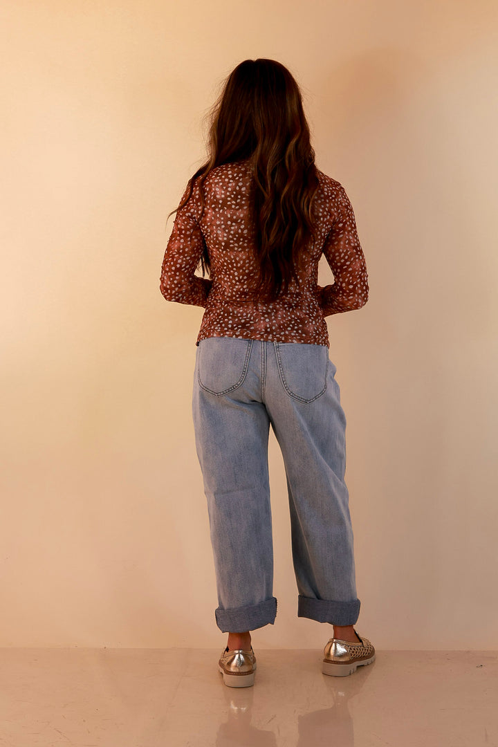 The Perfect Layer Axis Print Sheer Mesh Long Sleeve Top in Chocolate Brown and Ivory