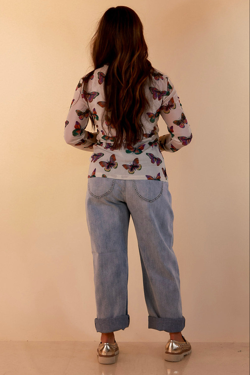 The Perfect Layer Butterfly Print Sheer Mesh Long Sleeve Top in Cream and Gemstone Colors