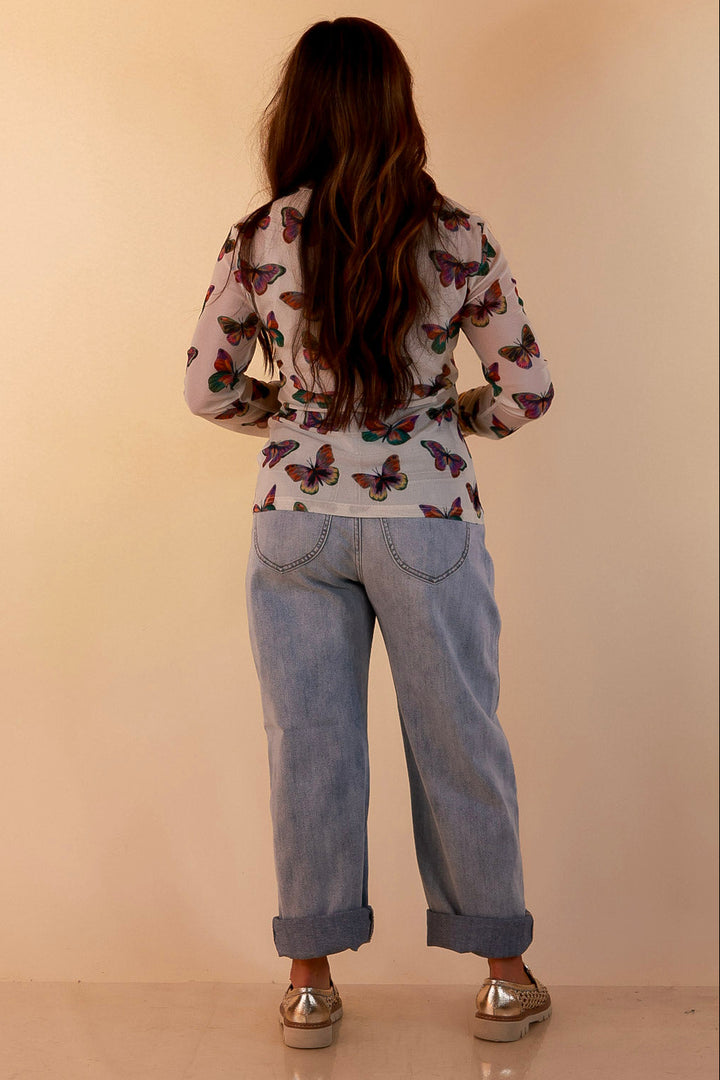 The Perfect Layer Butterfly Print Sheer Mesh Long Sleeve Top in Cream and Gemstone Colors