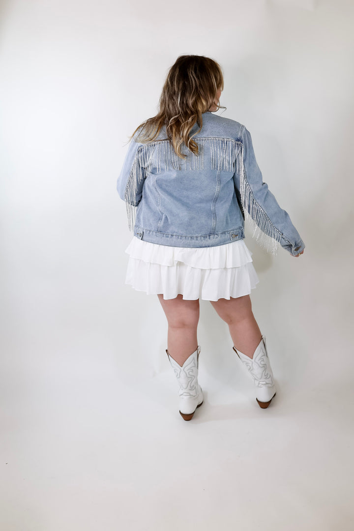 Like a Diamond Crystal Fringe Button Up Denim Jacket in Light Wash - Giddy Up Glamour Boutique