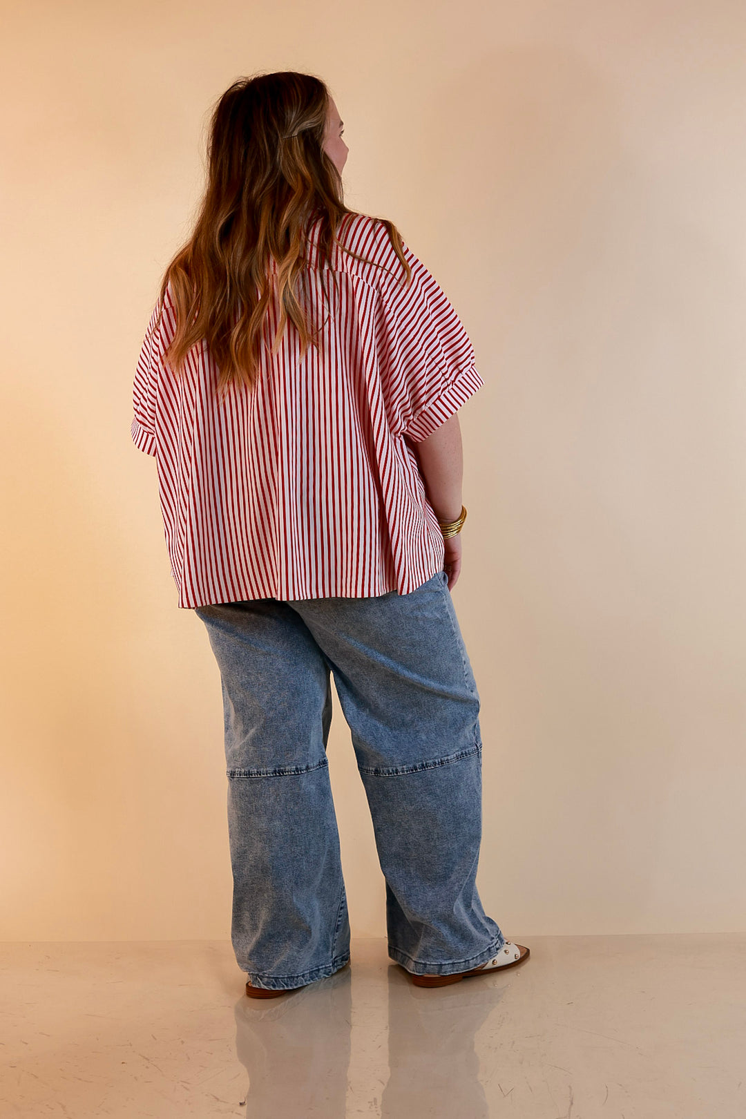 Effortlessly Aligned Button Down Collared Top with Vertical Ivory Stripe Detail in Red