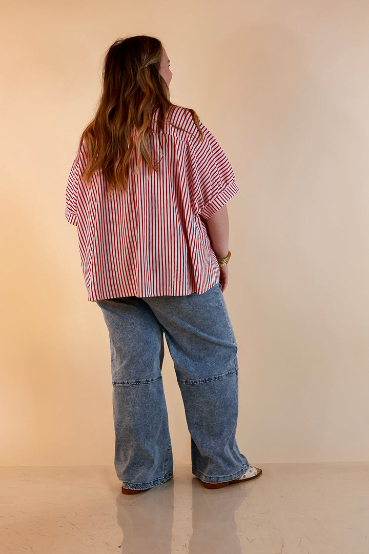 Effortlessly Aligned Button Down Collared Top with Vertical Ivory Stripe Detail in Red
