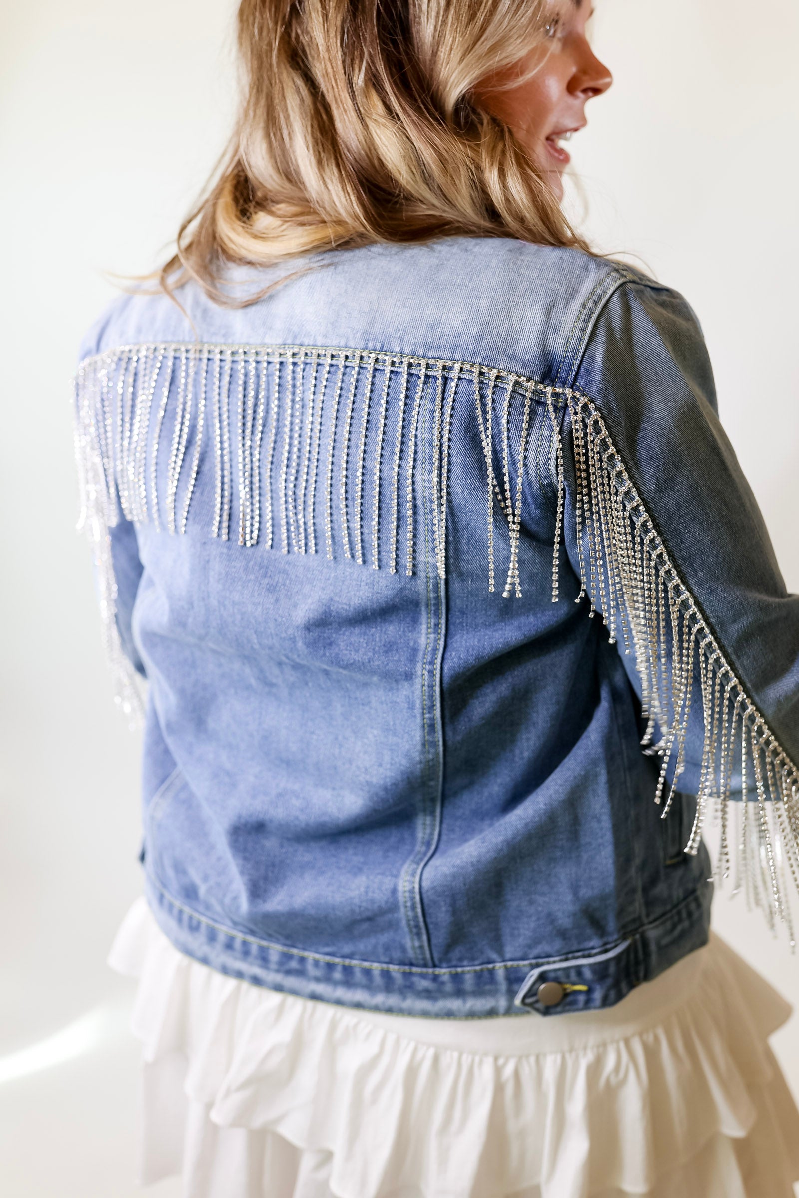 Rhinestone Cowgirl Crystal Fringe Denim Jacket in Medium Wash - Giddy Up Glamour Boutique