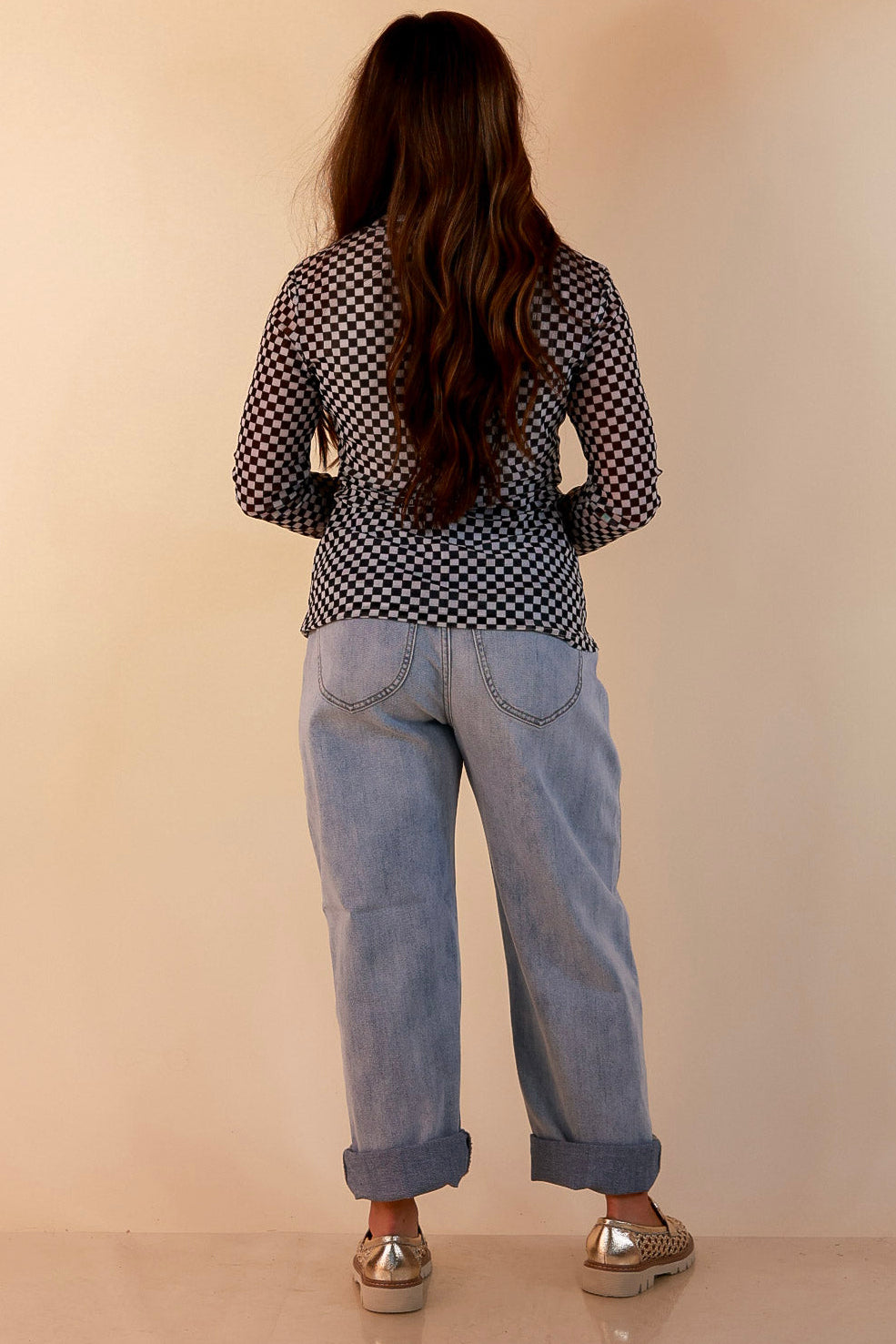The Perfect Layer Checkered Print Sheer Mesh Long Sleeve Top in Black and White