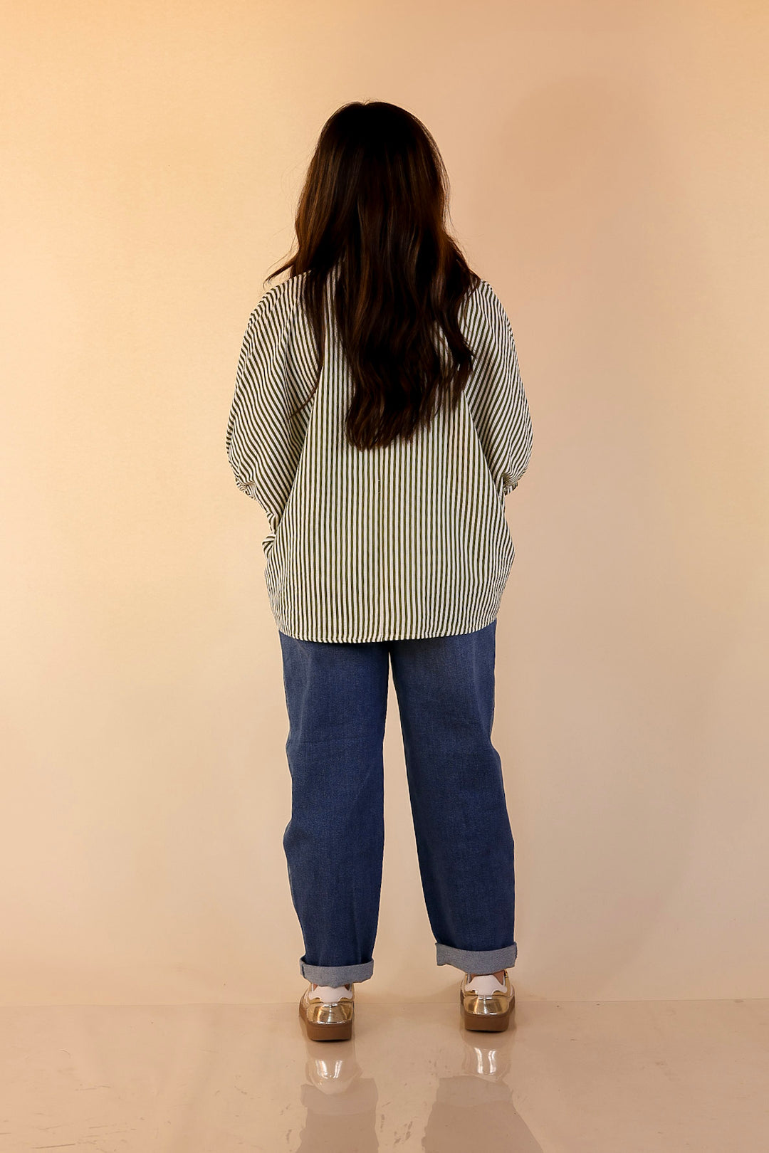 Naturally Stylish Striped Poncho Top in Olive Green