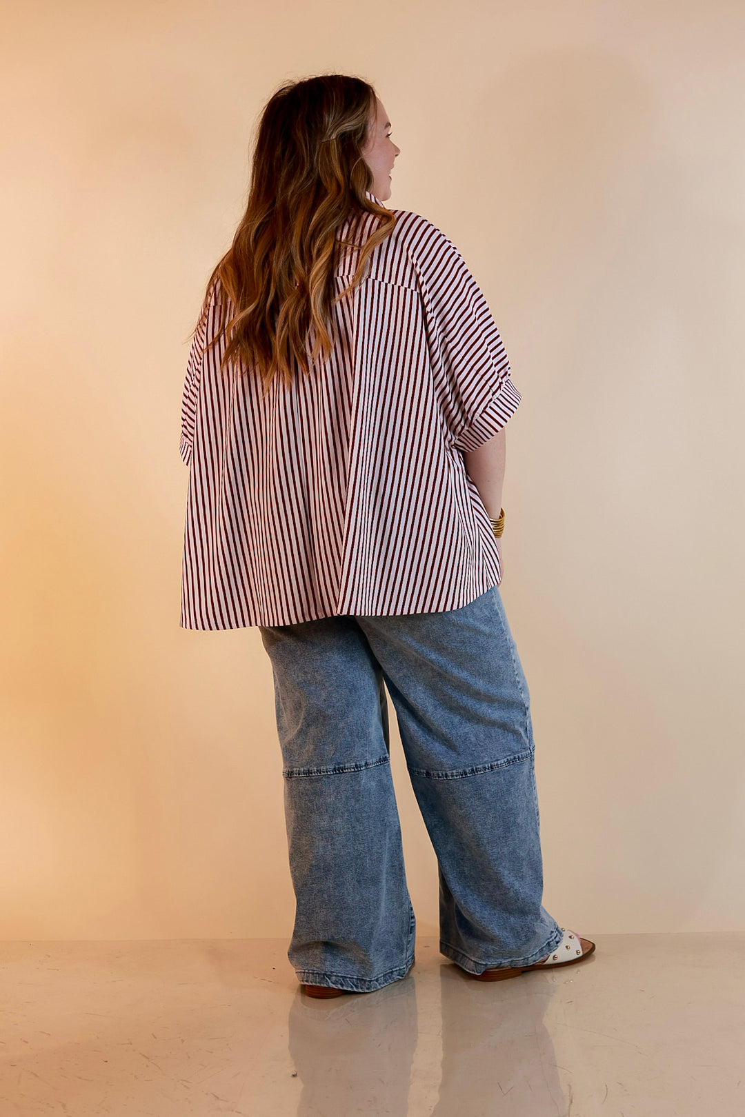 Effortlessly Aligned Button Down Collared Top with Vertical Ivory Stripe Detail in Maroon
