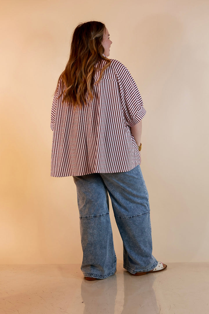 Effortlessly Aligned Button Down Collared Top with Vertical Ivory Stripe Detail in Maroon