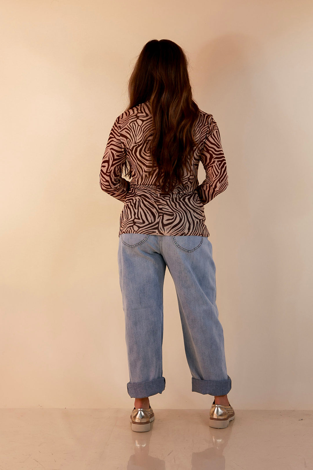 The Perfect Layer Zebra Print Sheer Mesh Long Sleeve Top in Chocolate Brown and Ivory