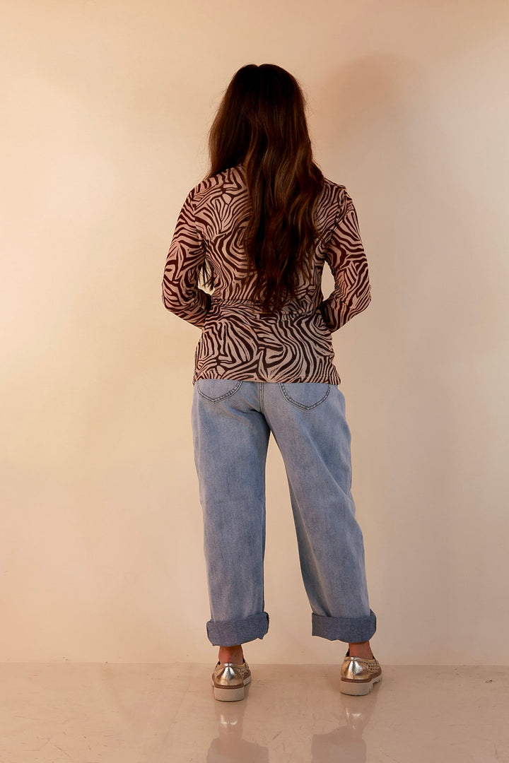 The Perfect Layer Zebra Print Sheer Mesh Long Sleeve Top in Chocolate Brown and Ivory