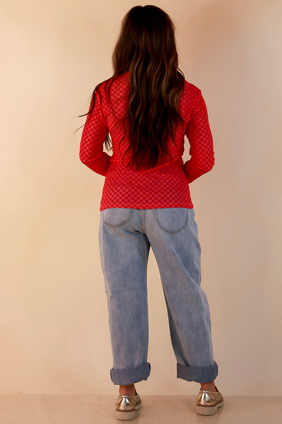 The Perfect Layer Checkered Print Sheer Mesh Long Sleeve Top in Red and Pink