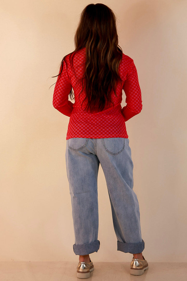 The Perfect Layer Checkered Print Sheer Mesh Long Sleeve Top in Red and Pink