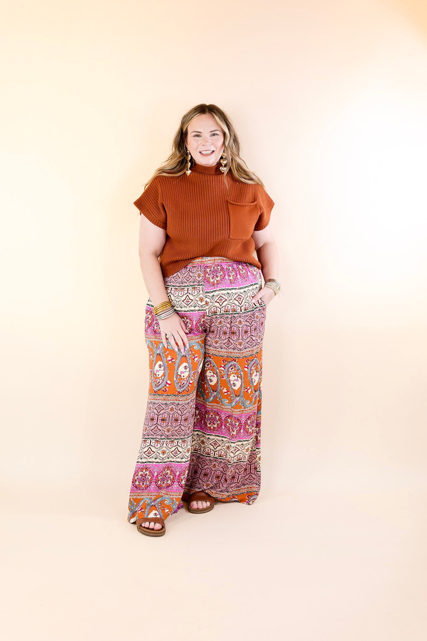 Slight Change Elastic Waist Floral Print Wide Leg Palazzo Pants in Rust Orange Mix