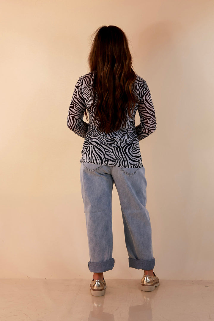 The Perfect Layer Zebra Print Sheer Mesh Long Sleeve Top in Black and White