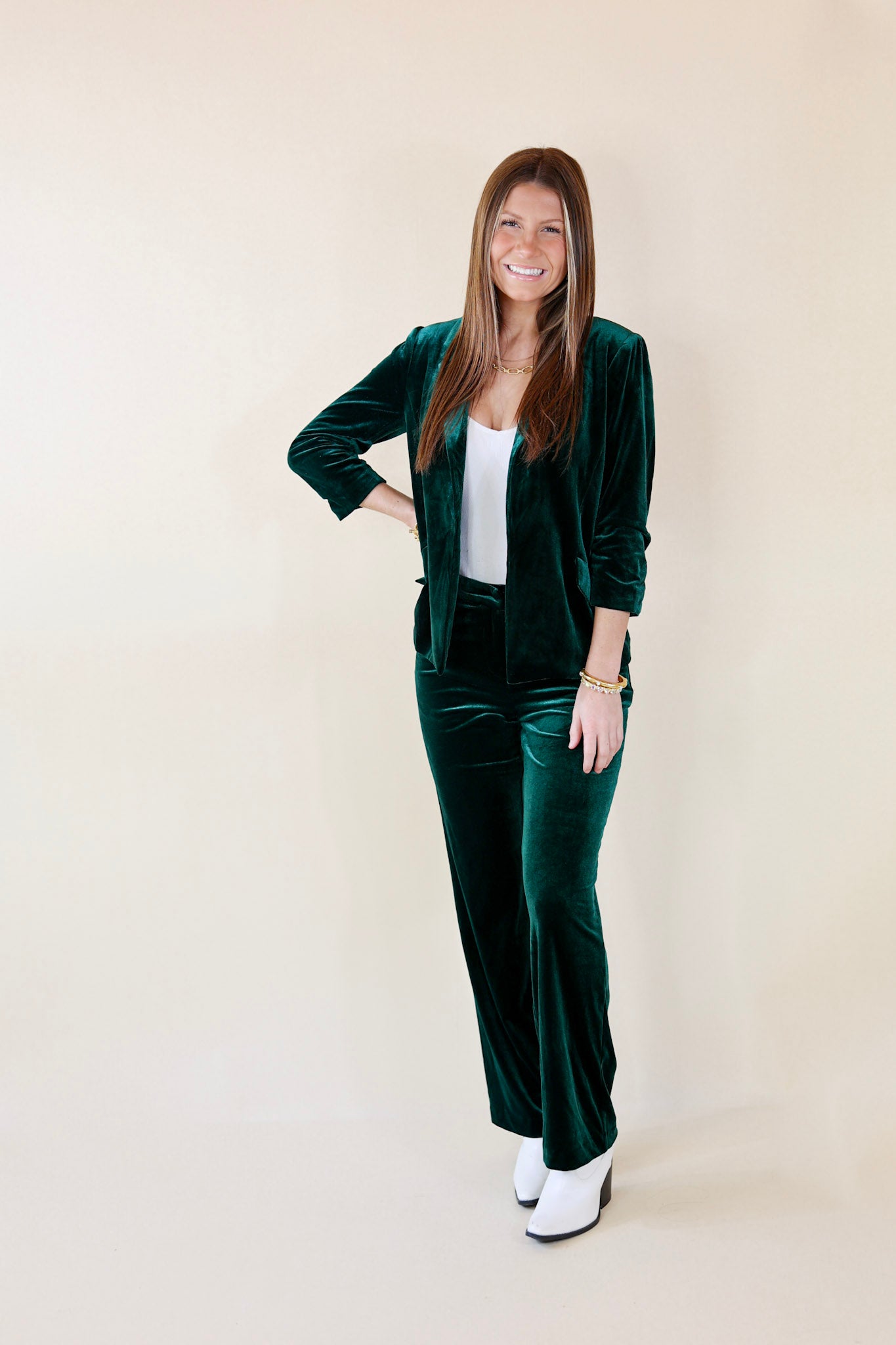 Chic Arrival Velvet Trouser Pants in Green | Giddy Up Glamour Boutique