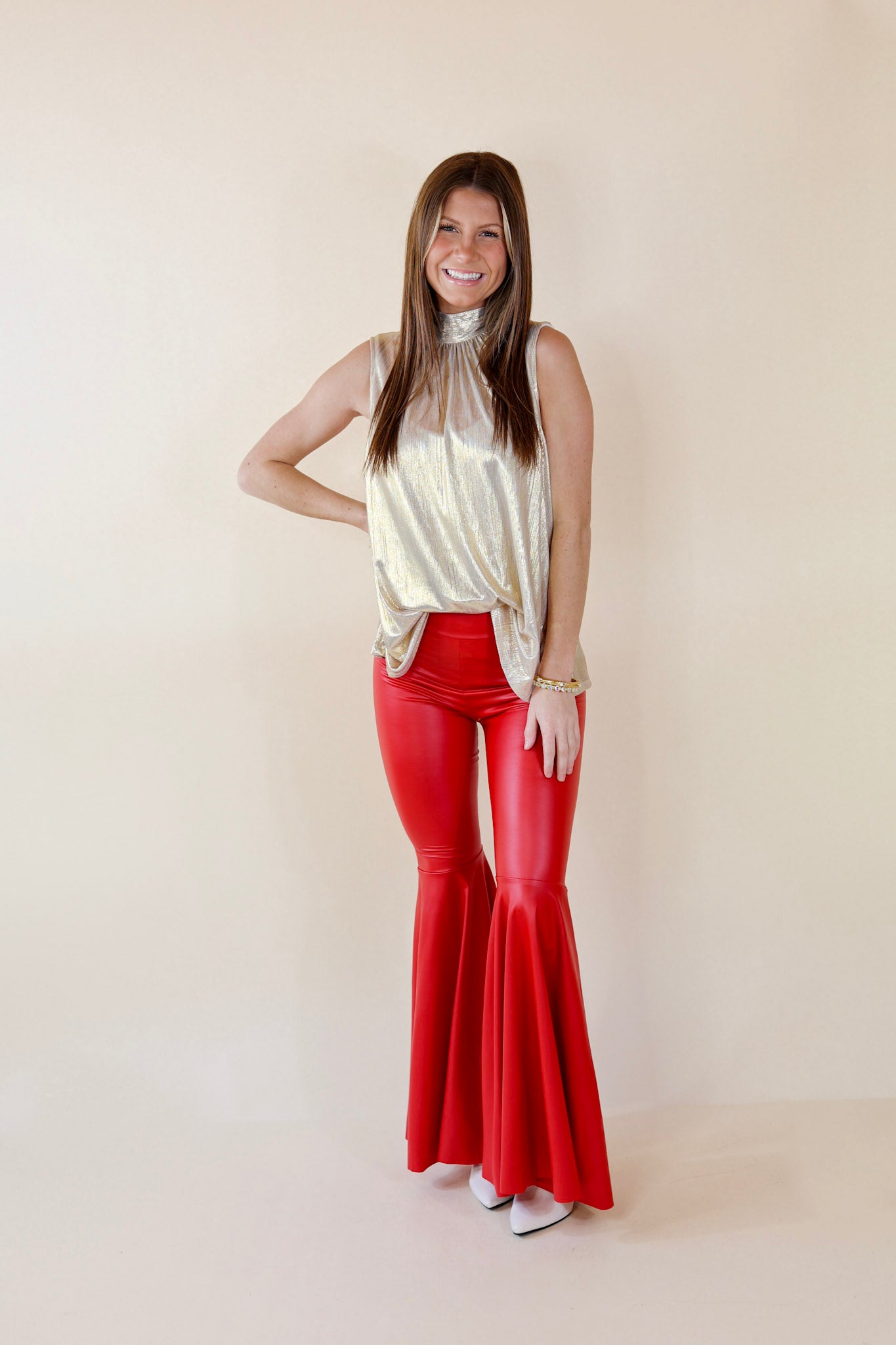 Extra Magic Mock Neck Metallic Tank Top with Tie Back in Gold