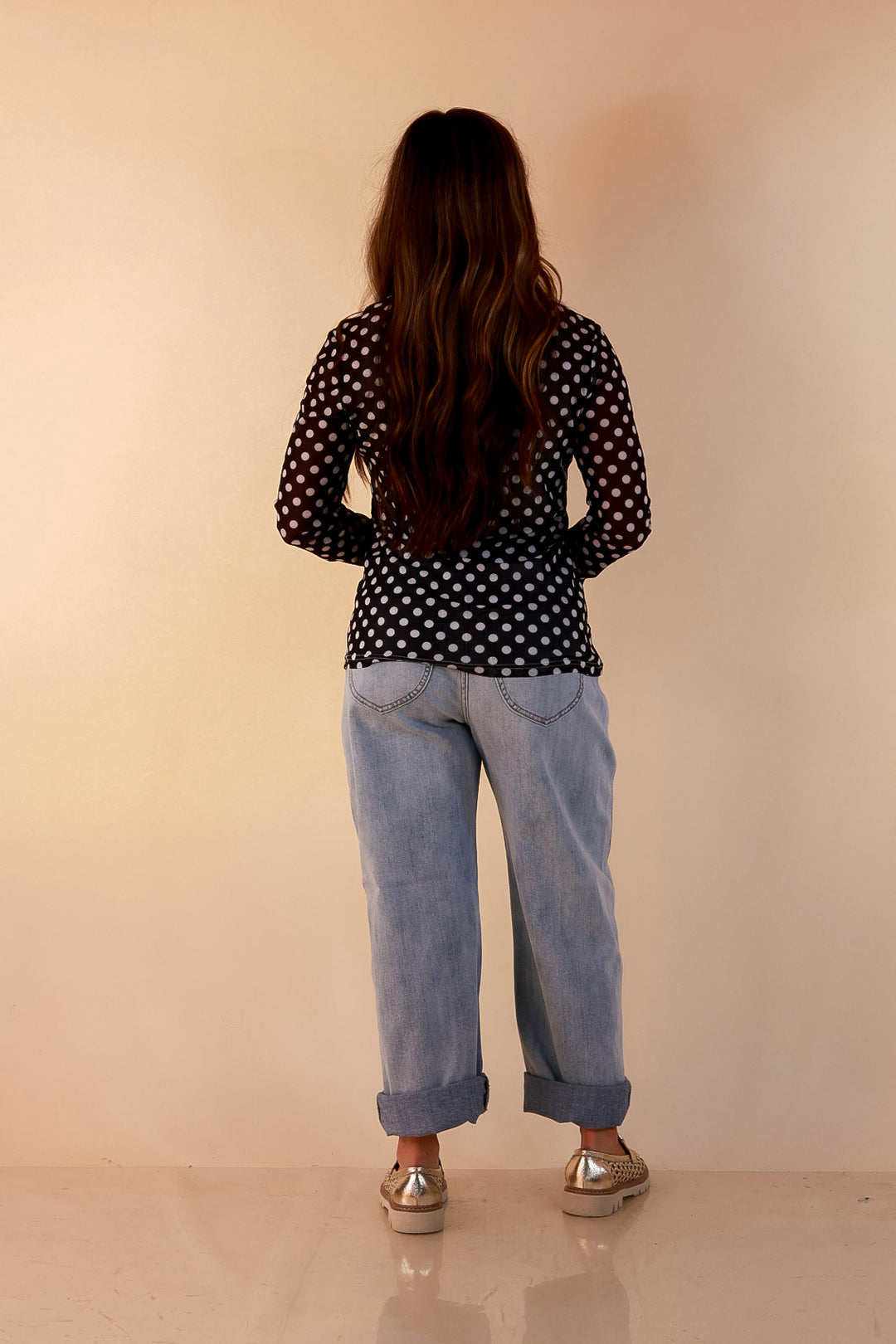 The Perfect Layer White Polka Dot Print Sheer Mesh Long Sleeve Top in Black