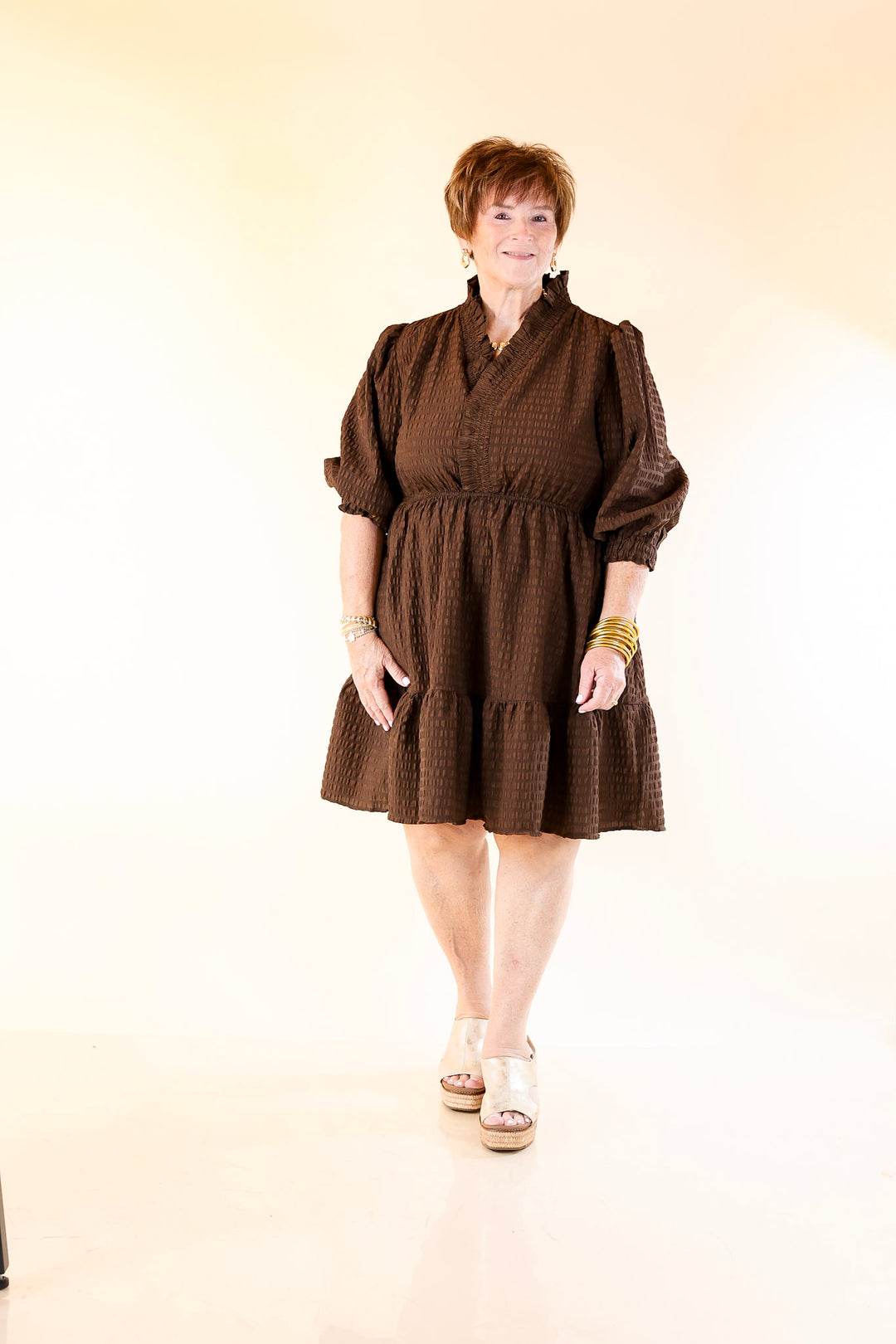 Call Me Captivating Dress with Smocked Waist and Long Sleeves Sleeves in Chocolate Brown