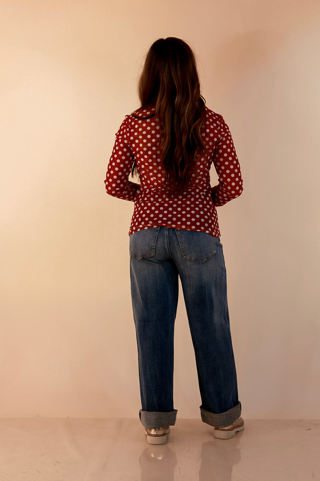 The Perfect Layer White Polka Dot Print Sheer Mesh Long Sleeve Top in Rust Orange
