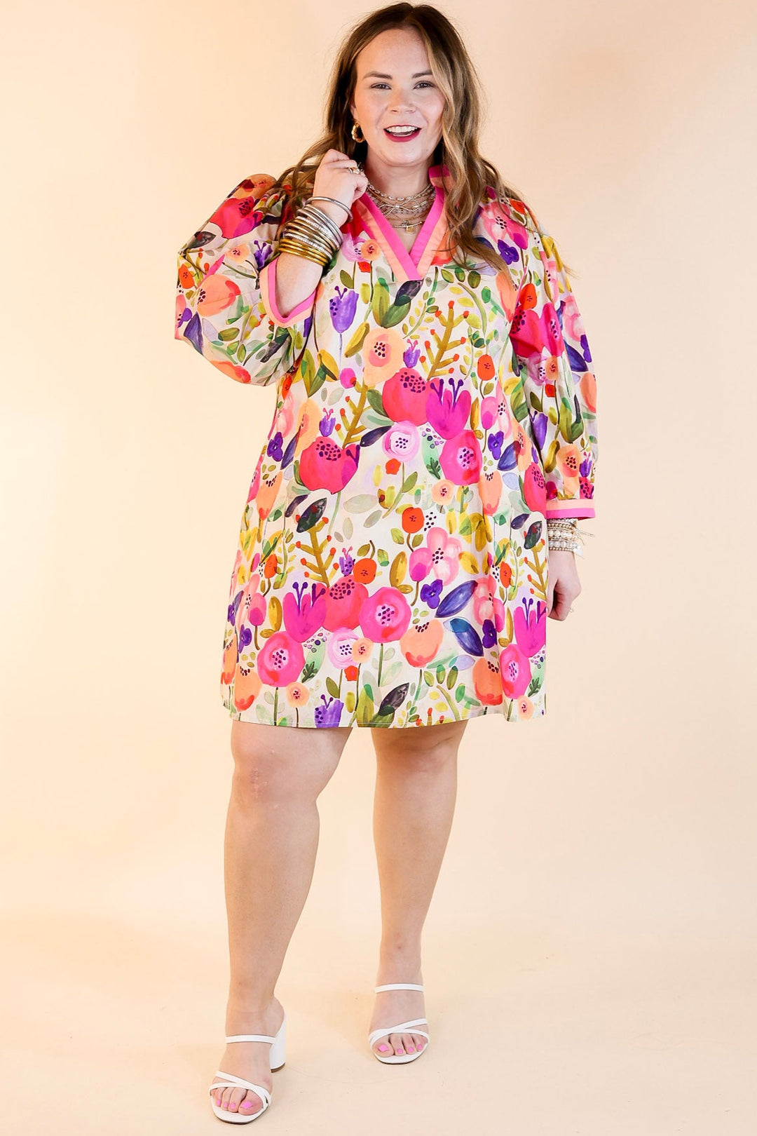 Pocketful of Petals V Neck Floral Print Dress with 3/4 Sleeves
