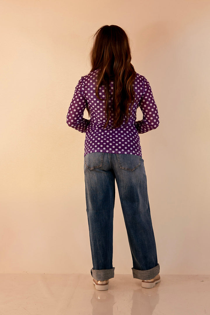 The Perfect Layer White Polka Dot Print Sheer Mesh Long Sleeve Top in Purple