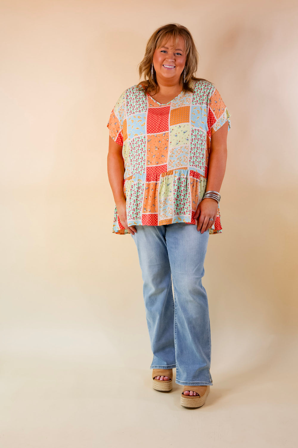 Divine Downtime Mix Patch Print Peplum Top in Orange Mix - Giddy Up Glamour Boutique