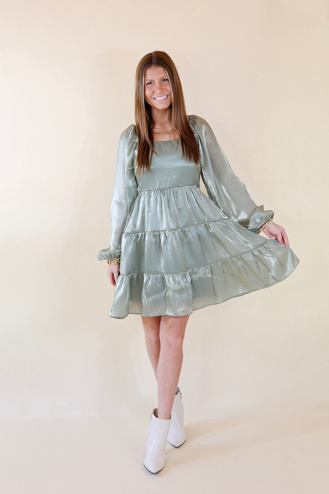 Look At Me Long Sleeve Dress in Sage Green - Giddy Up Glamour Boutique