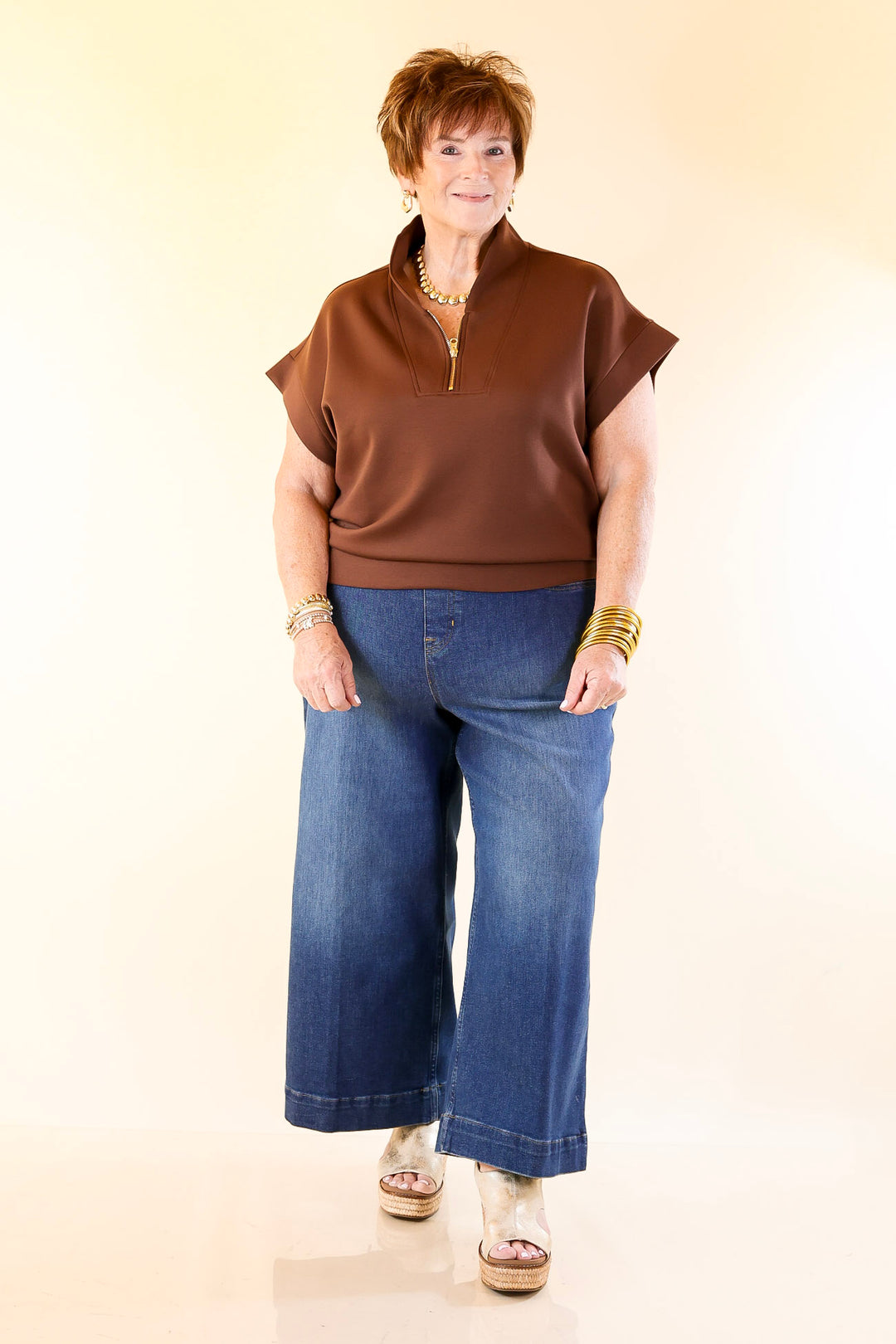 Top Priority Half Zip Collared Scuba Top in Chocolate Brown