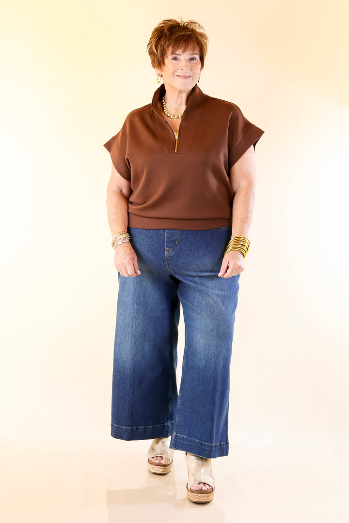 Top Priority Half Zip Collared Scuba Top in Chocolate Brown